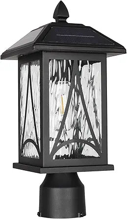 Solar Outdoor Post Light, Black Waterproof Pillar Lantern with Water Ripple Glass, LED Solar Powered Lamp for Patio, Garden, Pathway, Porch, and Garage (Bulb Included) SR016-P