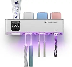 Toothbrush Holders Wall Mounted for Bathrooms, Toothbrush Holder - Smart Home & Bathroom Decor Tooth Brush Holders with 3 Cups, Features a Clock and auto Motion-Activated Night Light