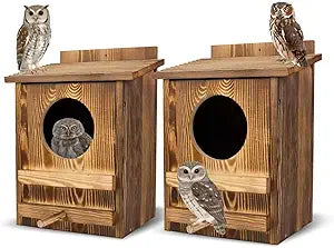 2PCS Owl Houses for Outdoors, 16.1x11.8x9.5-inch Large Carbonized Owl Nesting Boxes for Outside, Waterproof & Ventilated Design Designed Specifically for Owls and Wildlife Nesting