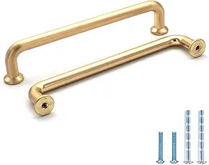 10 Pack Hole Center 5''(128mm) Brushed Brass Kitchen Cabinet Pulls.Zinc Alloy Solid Round Cabinet Handle Drawer Pull Modern Hardware for Bar