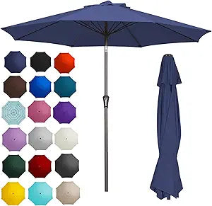 PatioKingdom 9FT Patio Outdoor Umbrella-UPF 50+ Sun Shade with Wind Vent, Push-Button Tilt & Smooth Crank Lift, Rust-Resistant Fiberglass Frame for Garden, Backyard,Yard (Navy)