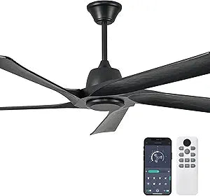 60" Solid Wood Ceiling Fan No Lights, Remote and APP Control, DC Motor, 6-speed Reversible, Ceiling Fans without Light for Bedroom, Living Room, Office, Black