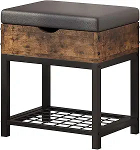 Small Shoe Storage Bench with Padded Seat, Vintage Brown Leather Top & Metal Frame Stool, Small Shoe Rack for Kids, Waterproof Durable Hallway Seat