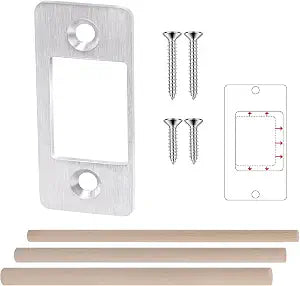 1 Pk Upgrade Large Hole Deadbolt Restorer Strike Plates, Stainless Steel Round Corner Latch Strike Plate with Wood Dowel Strips,Universal Backplate for Home Door Easy Repair MisalignmentSilver