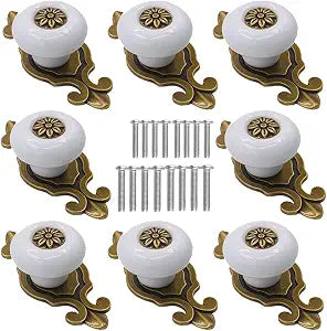 Retro Ceramic Cabinet Knobs, [8 Pack] Antique Vintage Dresser Knobs with Backplate, Drawer Pull Handles for Kitchen/Dresser Drawer/Cupboard/Wardrobe, White
