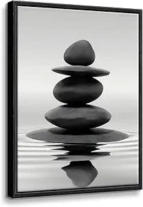 DCMVJHZV Framed Black and White Bathroom Wall Art Zen Stones in the water Bathroom Wall Art Yoga Meditation Picture Wall Decor Spa Room Bedroom Living Room Wall Painting Print (16"x24")