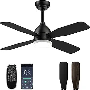 42 Inch Ceiling Fans with Lights: Ceiling Fan with 4 Dual Sided Fan Blades, Remote and App Control, 6 Wind Speed, Reversible DC Motor, 3CCT Dimmable LED, Small Black Ceiling Fan for Bedroom