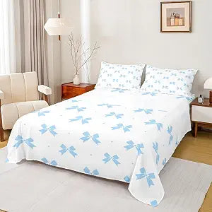Erosebridal Blue Bow Bed Sheets Full Size Teens Girls Modern Fashion Bow Flat Fitted Sheet Dreamy Coquette Bowtie Sheet Set Preppy Cute Bowknot Sheets