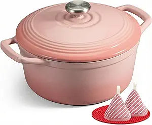 Overmont Enameled Cast Iron Dutch Oven - 5.5QT Pot with Wide Handles Lid Cookbook & Cotton Potholders - Heavy-Duty Pre-Seasoned Cookware Oven Safe to 500F for Braising, Stews, Roasting, Sourdough Baking