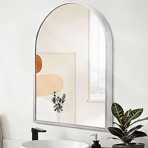 Arched Bathroom Mirror, Silver Metal Frame Wall Mounted Mirror Vanity Wall Mirror for Bedroom Entryway Living Room Vanity 26"x18"