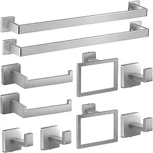 10-Piece Brushed Nickel Bathroom Hardware Set with 16" Towel Bar, Toilet Paper Holder, Towel Rings & Robe Hooks, Stainless Steel Square Bathroom Accessories Kit Wall Mounted