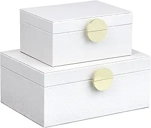 HofferRuffer Faux Leather Jewelry Boxes, Decorative Boxes Storage Accessory Organizer with Gold Hardware Decor, Classic Vegan Leather Set of 2 Pieces (White)
