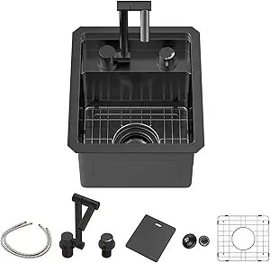 Sarlai Black Undermount Bar Sink With Foldable Faucet - 13x15 Inch Outdoor Black Kitchen Sink RV Workstation 16 Gauge Stainless Steel Single Bowl Handmade Outdoor BBQ Sinks with Lid