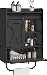 MAHANCRIS Bathroom Wall Cabinet, Farmhouse Medicine Cabinets with Sliding Door, Wall Mounted Storage Cabinet with Adjustable Shelf and Towel Bar, for Bathroom, Living Room, Kitchen, Black