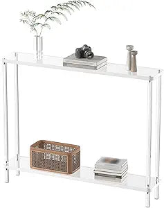 Acrylic Narrow Console Table for Entryway, 7.6" D x 39.4" W x 31.5" H, Cylindrical Legs, Skinny Entry Table for Sofa, Foyer, Hallway, Living Room, Modern, 2-Tier, Clear
