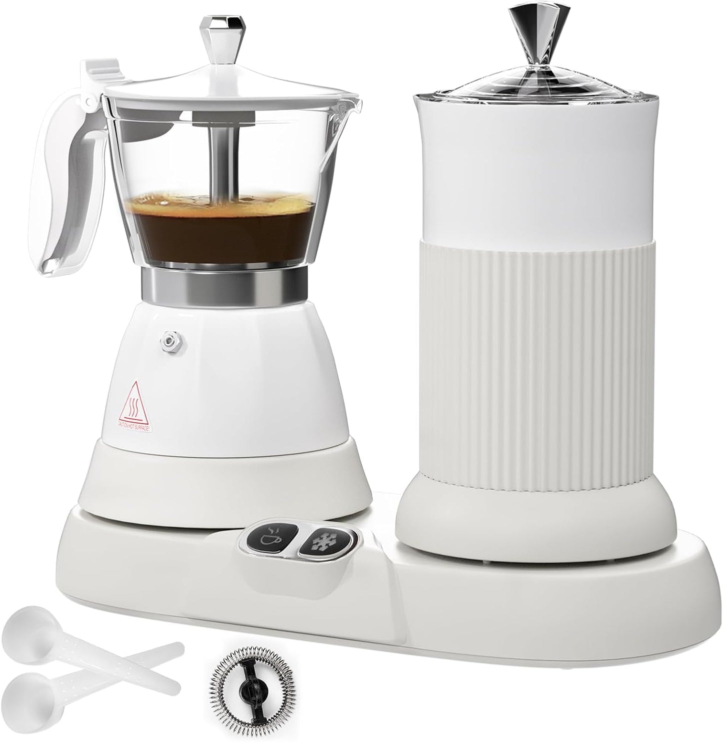 Vaolvpant Electric Espresso Machine with Milk Frother 2 in 1 Efficient Moka Pot Coffee Maker with Milkfroth Aluminum One-Touch Operation for Effortless Cappuccinos Lattes Macchiatos White