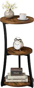 Small Side Table, 3-Tier Round End Table for Small Spaces, Vintage Accent Table for Living Room Sofa Couch Bedroom, 11.8" Corner Nightstand Wood Metal Coffee Table with Storage Shelf, Rustic Brown
