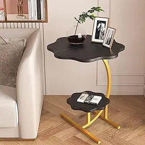 2 Layers Flower Shape Marble Texture Small C-Shaped Table, End Table for Sofa, Bedside Table for Living Room, Kitchen, Garden, Bedroom