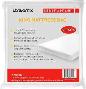2 Pack King Mattress Bags for for Moving and Disposal, 1.5 Mil 94" x 96" Clear Plastic Mattress Covers, King Size Waterproof Mattress Protector for Storage