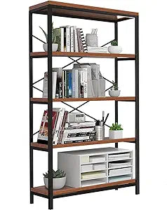 Himimi Industrial Bookshelf 5-Tier, Bookcase 58" H Ladder Shelf, Storage Shelves Rack Shelf Unit, Accent Furniture Metal Frame, Home Office Furniture for Bathroom, Living Room, Vintage Brown