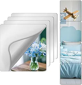 Unbreakable Mirror Tiles, 8PCS 14x14 Peel And Stick on Mirror for Wall Mirrors Decorative, Toddlers for Kids Bedroom, Plastic Gym Frameless Door Small Adhesive Mirrors for Classroom Decor Stickers