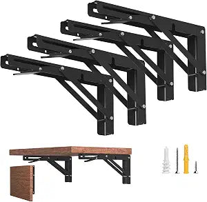 12-Inch Foldable Brackets for DIY Folding Shelves or Tables, L Shelf Brackets Collapsible, Heavy Duty Folding Bracket, Max Load 300lbs, Black, 4 Pcs