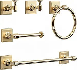 Champagne Gold Bathroom Towel Bar Set, 5 Piece Bathroom Hardware Accessory Set, SUS304 Stainless Steel 24" Towel Rack Holder Set for Bathroom, Wall Mounted