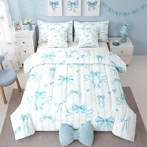 Erosebridal Cute Blue Ribbon Bowknot Full Comforter Set 7 Piece for Girls Kids Teens Princess Love Heart Coquette Bed in A Bag with Sheets Bow Tie Bedding Set Blue Stripes Bed Set
