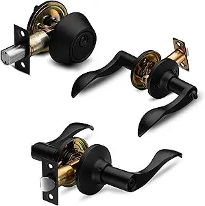 Berlin Modisch Entrance Lever Door Handle (for Office and Front Door) Reversible for Right and Left Side and a Single Cylinder deadbolt Set Keyed Alike Combo Pack - Iron Black