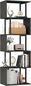 Furologee 6 Tier Bookshelf Tall Geometric Bookcase, S Shaped Industrial Display Standing Shelf, Metal and Wood Decorative Storage Room Divider Rack for Bedroom, Living Room, Office, Light Black Oak