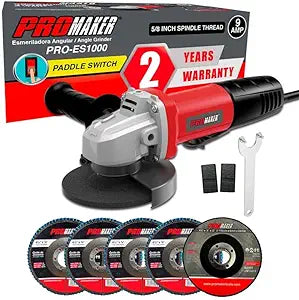PROMAKER 9 Amp Angle Grinder, 4-1/2 in. with Paddle Switch, 12000 RPM Angle Grinder Tool, Adjustable Guard Hand. Include Grinding Wheel, 4 Flap Discs, 2 Extra Carbon Brushes & 2 Years Warranty