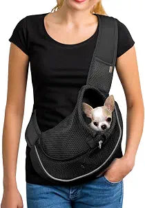 YUDODO Pet Sling Carrier for 10-15 lbs Small Dogs & Cats  Hands-Free Puppy Carrier with Safety Hook, Large Zipper Pocket, Soft Breathable Mesh, Adjustable Strap & Reflective Strip (Black 2.0 L)