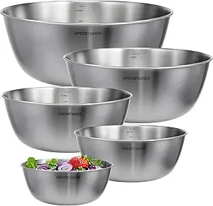 Greentainer 5-Piece Stainless Steel Mixing Bowls Set for Kitchen, Nesting Bowls with Measurement Markings for Baking, Prepping, Cooking and Serving Food, Metal Mixing Bowls Dishwasher Safe