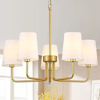 Modern Farmhouse Chandelier, 5-Light Gold Chandelier White Fabric Shade, Height Adjustable Industrial Pendant Light for Kitchen Over Table, 25Dining Room Light Fixture for Living Room