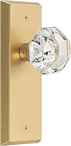 Glass Door Knobs for Interior Doors - Vintage Crystal Passage Closet & Hallway Door Knob - Diamond Cut Door Handle - Satin Brass Finish (1 Pack)