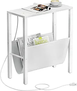 Vagusicc Narrow Side Table with Charging Station, Skinny Nightstand with USB Ports & Outlet, Slim Sofa Side Table with Storage Bag, Small End Table for Small Spaces, Living Room, Bedroom, White