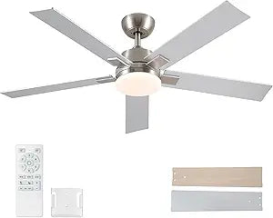 Rayqueen 52 Inch Ceiling Fans with Lights and Remote, 6 Speed Reversible DC Motor, 3CCT Dimmable LED, Modern Brushed Nickel Ceiling Fan for Bedroom, Living room & Covered Outdoor,Includes Downrod