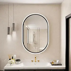 Led Bathroom Mirror with Lights, 24'' x 36'' Oval Heavy Duty Aluminum Frame Bathroom Vanity Mirror with Lights, 3 Colors, Brightness Stepless Dimmable, Anti-Fog, Memory Function, Single LED Black