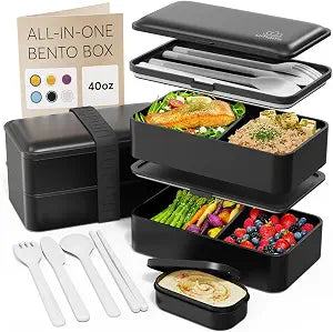 Umami Bento Box Adult All-In-1 w/4 Utensils, Big Sauce Jar, 2 Dividers, 100% Leakproof, Microwave & Dishwasher Safe, Stackable Bento Lunch Box Containers for Men/Women, Matte Black, 40 oz