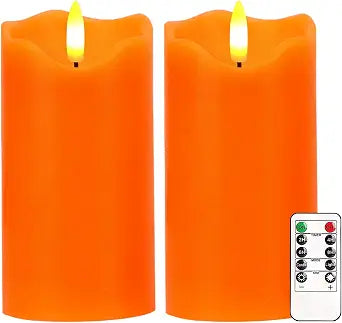 Orange Flameless Candles Set of 2, 6"x3" Fall Candles with Remote & Timer