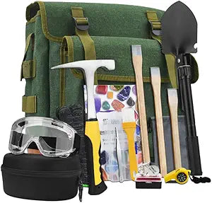 16 PCS Geology Rock Pick Hammer Kit, 22oz Hammer & 3 PCS Digging Chisels Set for Rock Hounding, Gold Mining & Prospecting Equipment Tool Gear Shovel Musette Backpack,Magnifying Glass, Goggles,Whistle