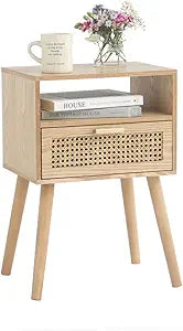 MaxSmeo Modern Nightstand Rattan Side End Table with Storage, for Living Room, Bedroom and Small Spaces, Accent Bedside Farmhouse Tables with Solid Wood Legs, Easy Assembly (Natural Walnut)