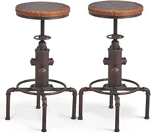 Topower Antique Vintage Industrial Barstool Solid Wood Water Pipe Fire Hydrant Design Cafe Coffee Industrial Bar Stool Set of 2 Red Bronze