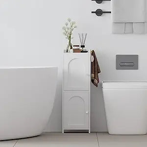 Small Bathroom Storage Cabinet,Corner Floor Cabinet with 2 Doors and Adjustable Shelf, Narrow Toilet Paper Cabinets with 2Hooks,Toilet Organizer for Small Spaces7.87"D*9.84"W*29.72"H(White)
