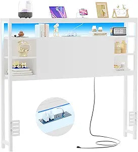 Unikito Twin Headboard with Storage, Headboard with Power Outlets and Smart LED Lights, Sturdy Head Board for Twin Size Bed, Stable Headboards Only for Bedroom, Dorm Room, Guest Room, White