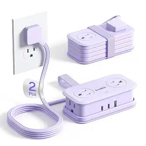 2 Pcs Travel Power Strip, SMALLRT Extension Cord with Multiple Outlets, 3.3FT Wrapped Extension Flat Plug Power Strip with 4 AC Outlets for Travel, Hotel, Cruise Approved, No Surge Protection, Purple
