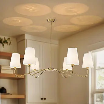 47'' Brushed Brass Chandelier with Shades, Oversized 6-Light Modern Chandelier for Living Room, Large Dining Room Light Fixture, Adjustable Brass Classic Pendant Light Fixture for Kitchen E12 Base
