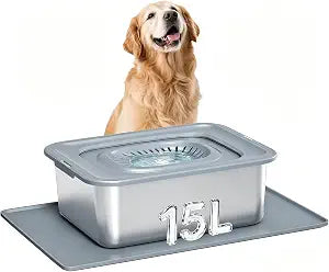 15L/3.96Gal Stainless Steel No-Spill No-Splash Dog Water Bowl | Slow drink for Messy Drinkers, with XXL Silicone Mat, Ideal for Large Dogs Indoor/Outdoor Use Non-Drip, Splash-Proof Design