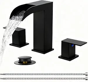 VCCUCINE Black Bathroom Faucet 3 Hole, 8 Inch Widespread Square Waterfall Bathroom Sink Faucet,Matte Black Vanity Bathroom Faucets for Vanity, Restroom, Commercial with Pop Up Drain and Supply Lines