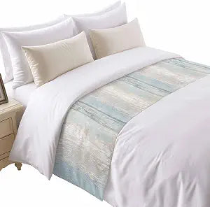 Bed Runner for California King Size Bed, Blue Beige Farmhouse Decorative Bed Runners Scarves for Bedroom, Vintage Wooden Striped Washable Bedding Scarf Cover Bed Runner for Foot of Bed